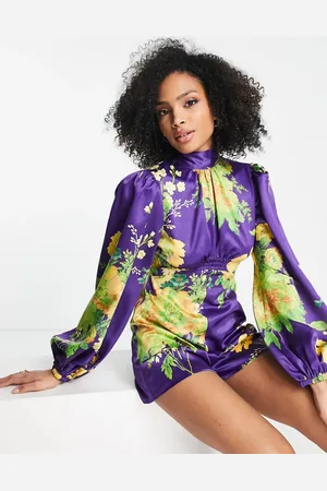 ASOS – Playsuit aus Satin mit Puffärmeln und Oversize-Blumenmuster