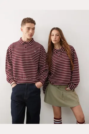 Reclaimed – Sweatshirt in Burgunderrot gestreift mit Unisex-Schnitt und Polokragen