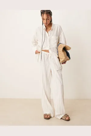 ASOS – Belle – Strandhose mit Leinenanteil und feinem Streifenmuster in Schwarzweiß
