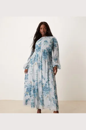 ASOS ASOS DESIGN Curve – Maxikleid mit Punktestruktur, Tunnelzugdetail und Blumenmuster in Blau