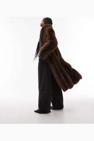 Topshop – Longline-Mantel aus Kunstpelz mit braunen Streifen