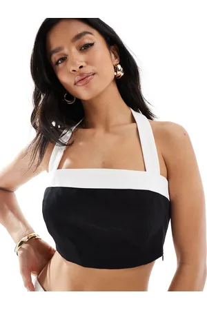 4th & Reckless – Bandeau-Neckholder-Top in schwarzer Leinenoptik mit kontrastierendem Rand in Weiß, Kombiteil