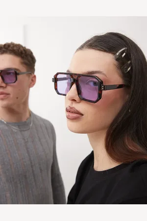 Reclaimed – Unisex-Pilotensonnenbrille mit quadratischem Rahmen mit Schildpatt-Optik und lila Gläsern