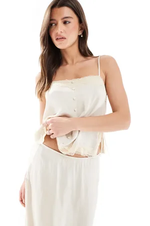 Pull&Bear – Camisole-Top in Vanille mit Spitzenbesatz und Knopfleiste, Kombiteil