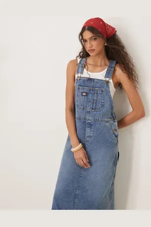 Dickies – Langes Latzkleid in blauer, ausgebleichter Rinse-Waschung