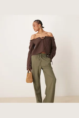 JDY – Hose aus Leinen in Khaki mit weitem Bein