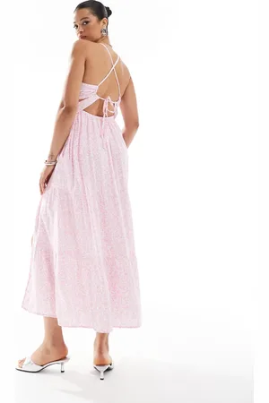 Hollister – Maxikleid in Rosa mit Rückenausschnitt, hohem Schlitz und Blümchenprint