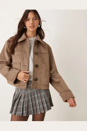 ASOS – Lederjacke aus hochwertigem Wildlederimitat in Beige mit hohem Kragen