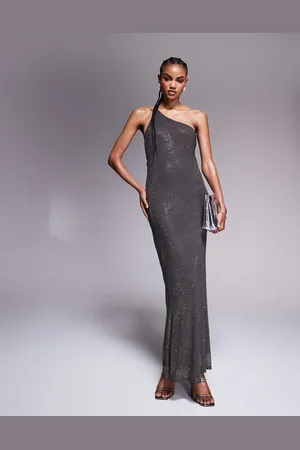 ASOS – Maxikleid in Anthrazit mit kunstvoll verziertem Hotfix, Rückenausschnitt und One-Shoulder-Träger