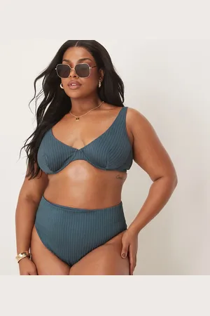 ASOS ASOS DESIGN Curve – Riddy – Gerippte Bikinihose in Schieferblau mit hohem Beinausschnitt und hohem Bund