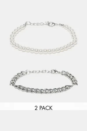 ASOS – 2er-Pack Armbänder mit silbernem Ketten- und 6 mm großem Kunstperlen-Design