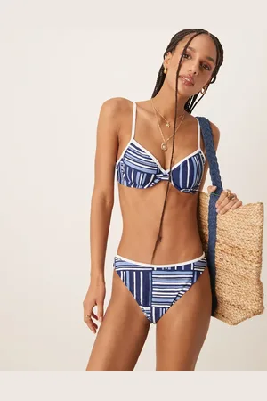 Abercrombie & Fitch – Bikinihose in gestreift mit mittelhohem, kontrastierendem Bund, Kombiteil