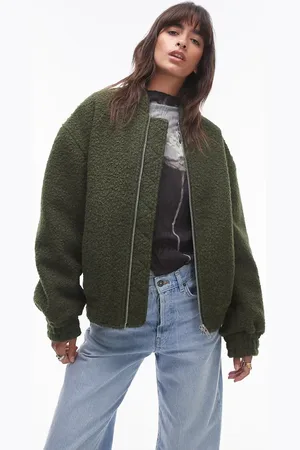 Topshop – Bouclé-Bomberjacke in Khaki
