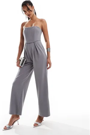 ASOS – Ärmelloser Korsett-Jumpsuit in Rauchgrau mit weitem Bein
