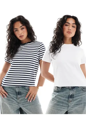 Pull&Bear – 2er-Pack Kurzärmlige T-Shirts aus Baumwolle in Weiß und gestreift