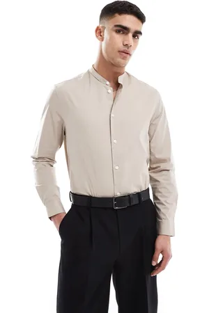 ASOS – Elegantes Hemd in dunklem Steinbeige mit regulärem Schnitt und Grandad-Kragen