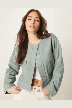 ASOS – Kragenlose Jacke aus Twill in Grün