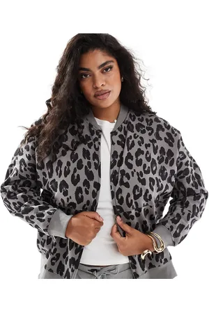 Yours – Jersey-Bomberjacke in Grau mit Leopardenmuster und Oversize-Schnitt