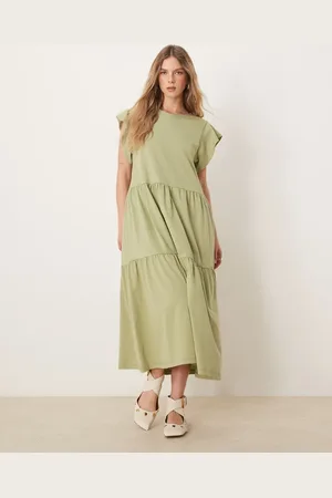 VILA – Midikleid in Salbeigrün mit Flatterärmeln und Stufensaum