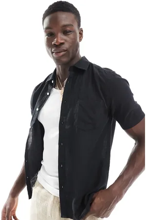 Only & Sons – Kurzärmliges Regular Fit Leinenmix-Hemd in Schwarz