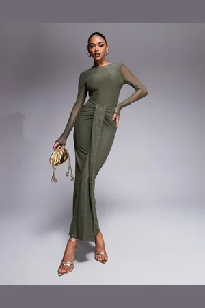ASOS – Langärmliges Netzstoff-Maxikleid in Khaki mit Rückenausschnitt, U-Boot-Ausschnitt und Schärpe