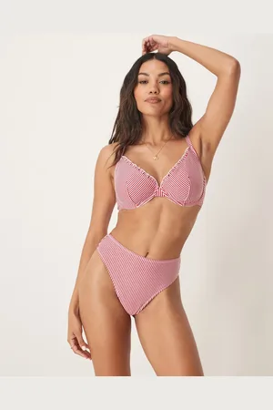 ASOS – Anna – Seersucker-Bikinihose in gestreiftem Burgunderrot mit hohem Bund und hohem Beinausschnitt