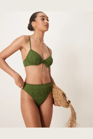 ASOS – Bertie – Bikinihose in Olivgrün mit Lochmuster, hohem Beinausschnitt und hohem Bund