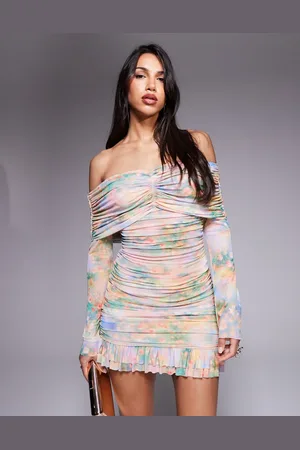 AFRM – Langärmliges, gerafftes Minikleid mit Rüschensaum und Blumenmuster