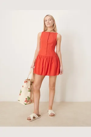 ASOS – Minikleid in Hellrot mit tief angesetzter Taille, U-Boot-Ausschnitt und Knopfleiste