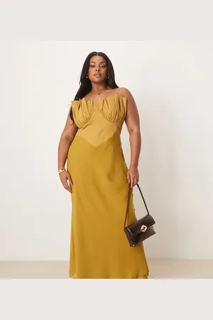 ASOS ASOS DESIGN Curve – Hybrid-Midaxikleid in Ocker mit Korsettdetail und Schrägschnitt