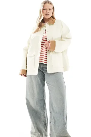ASOS ASOS DESIGN Curve – Gewachste Barn-Jacket in Steinbeige mit Cordkragen