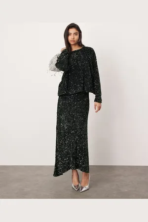 ASOS – Samt-Rock in Dunkelgrün mit asymmetrischem Saum und ganzflächigem Paillettenbesatz, Kombiteil