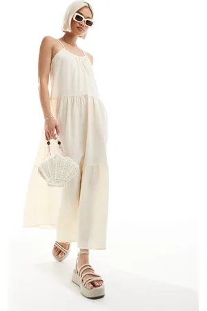 Brave Soul – Maxi-Riemchenkleid in Buttermilchgelb mit gesmoktem Detail