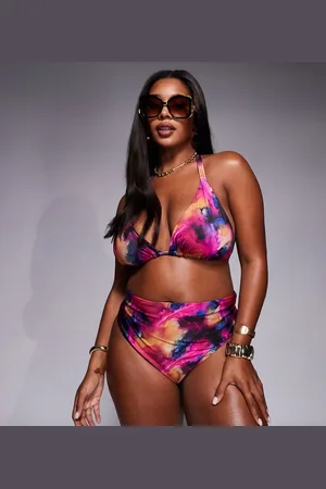 ASOS ASOS DESIGN Curve – Arina – Bikinihose in Rosa mit hohem Beinausschnitt, hohem Bund und abstraktem Muster