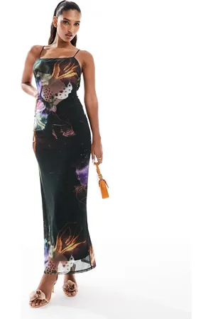 ASOS – Netzstoff-Maxikleid mit Riemchendesign am Rücken, eckigem Ausschnitt und floralem Unterwasserprint