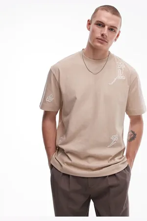 Topman – Oversize-T-Shirt in Steinbeige mit Blumenstickerei auf Vorder- und Rückseite