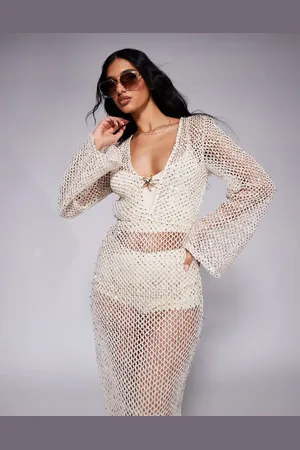 South Beach – Maxi-Strandkleid in Cremeweiß mit silberner Paillettenverzierung