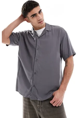 JACK & JONES – Kurzärmliges Hemd in Dunkelgrau mit Reverskragen