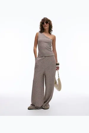 Topshop – Tief sitzende Strickhose in Braun und Ecru gestreift