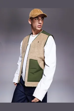 Ralph Lauren – Weste aus Sherpa-Teddyfleece in Khaki-Hellbraun/Grün mit Logo