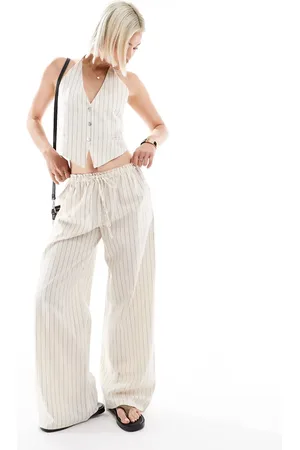 Pull&Bear – Rustikale Hose in Ecru mit weitem Bein, Kombiteil