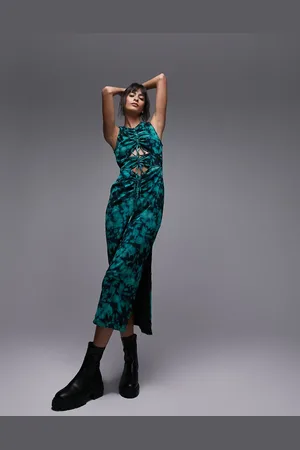 Topshop – Gerafftes Maxikleid aus Netzstoff mit Batikmuster in