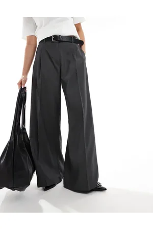 Monki – Elegante Hose in Dunkelgrau meliert mit weitem Schnitt und hohem Bund