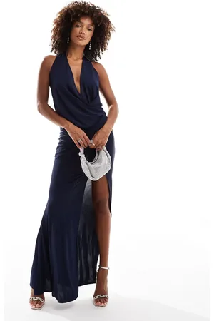 ASOS – Neckholder-Maxikleid in mit gewickelter Vorderseite und hohem Schlitz