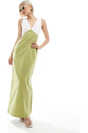 4th & Reckless – Maxikleid aus Leinenimitat in kontrastierendem Cremeweiß und Olivgrün mit tiefem Ausschnitt