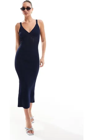 Bershka – Maxi-Strickkleid in Marineblau mit Korsettdetail