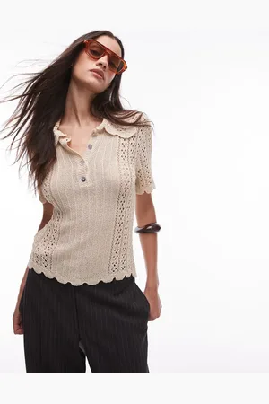 MANGO – Häkel-T-Shirt in Beige mit offenem Ausschnitt