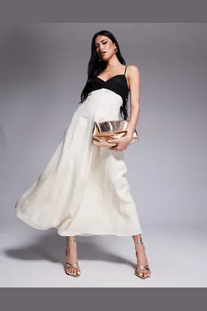 Forever New – Midaxi-Kleid aus Leinen mit Kontrastdesign in Cremeweiß und