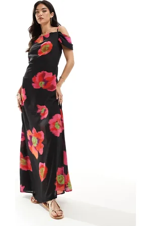 VERO MODA – Schulterfreies Maxi-Trägerkleid mit Blumenmuster in Schwarz und