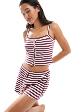 Cotton On Cotton On – Camisole aus angerautem Jersey in dunkler Eiche mit Streifen und Knopfleiste, Kombiteil